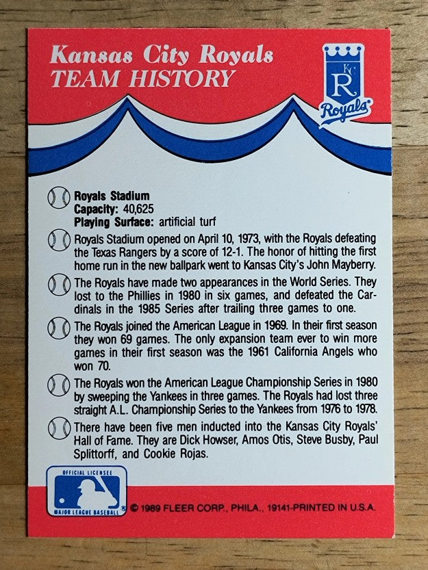 1989 Fleer Team Stickers Indians/Tigers/Royals/Brewers/Royals team history back