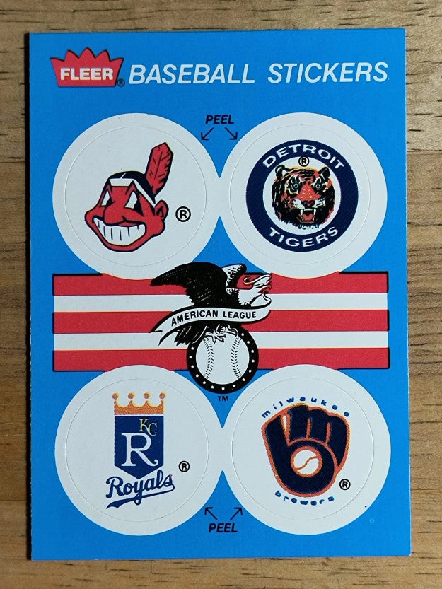 1989 Fleer Team Stickers Indians/Tigers/Royals/Brewers/Royals team history back