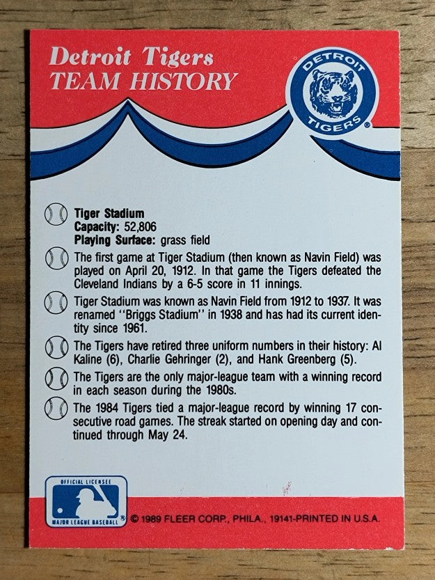 1989 Fleer Team Stickers Indians/Tigers/Royals/Brewers/History back variation