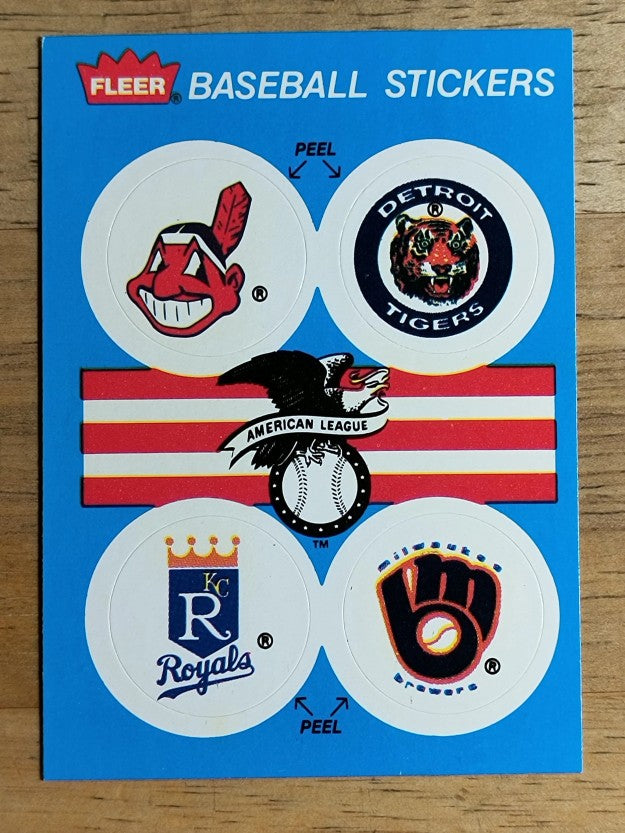 1989 Fleer Team Stickers Indians/Tigers/Royals/Brewers/History back variation