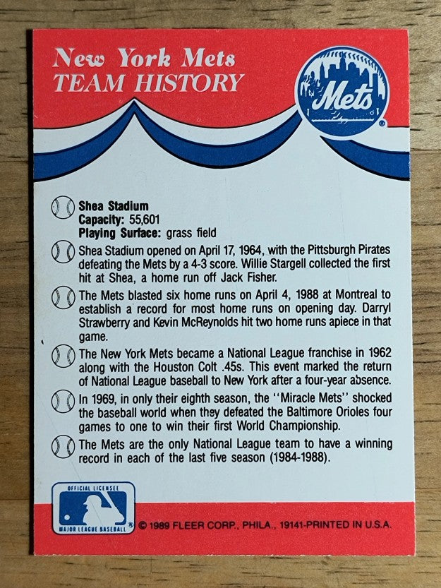 1989 Fleer Team Stickers #21 Dodgers/Expos/Mets/Phillies/Mets team history back
