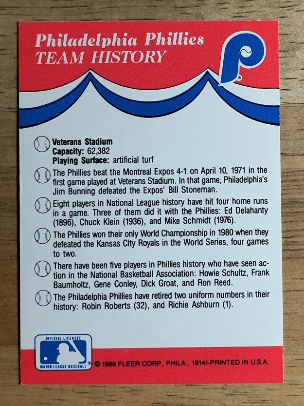 1989 Fleer Team Stickers Dodgers/Expos/Mets/Phillies/Phillies team history back