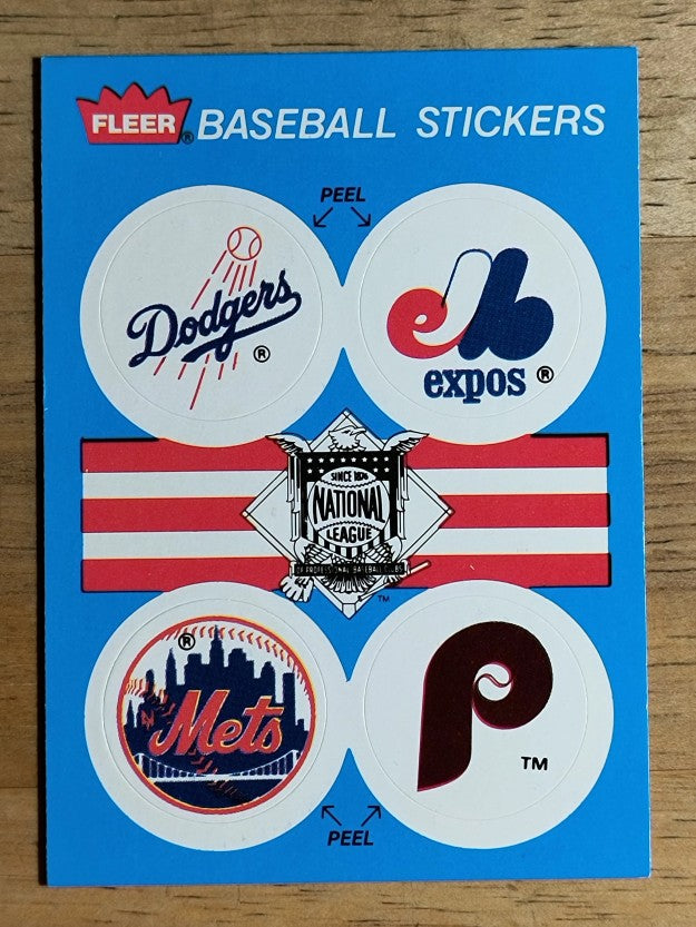1989 Fleer Team Stickers Dodgers/Expos/Mets/Phillies/Phillies team history back