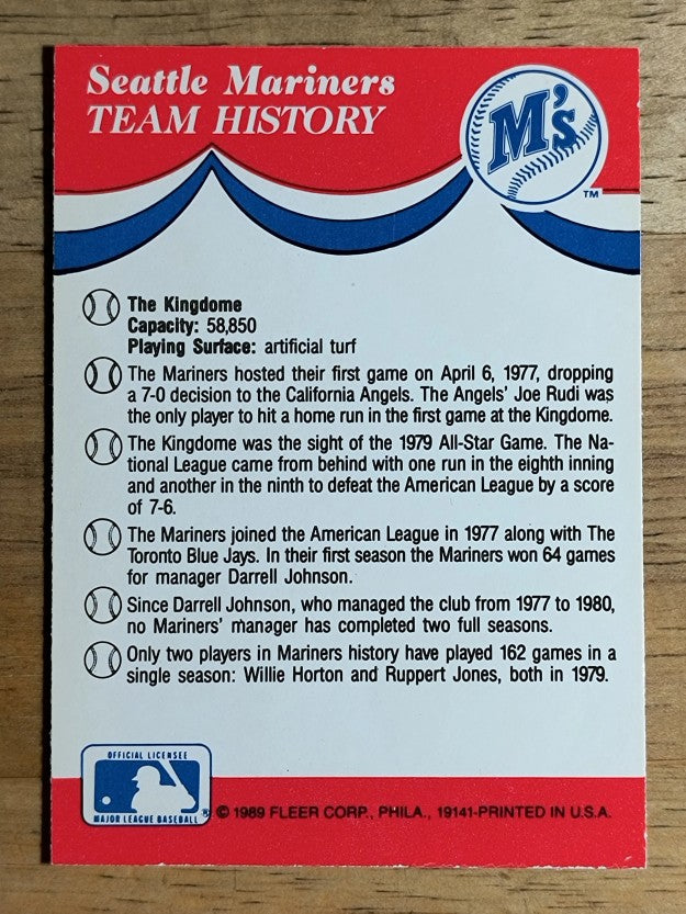 1989 Fleer Team Stickers Twins/Yankees/Athletics/Mariners/Mariners history back