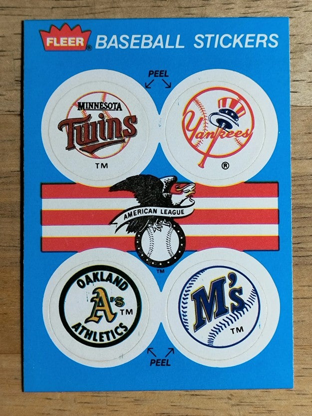 1989 Fleer Team Stickers Twins/Yankees/Athletics/Mariners/Mariners history back