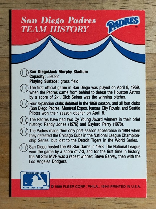 1989 Fleer Team Stickers Pirates/Cardinals/Padres/Giants/History back variation