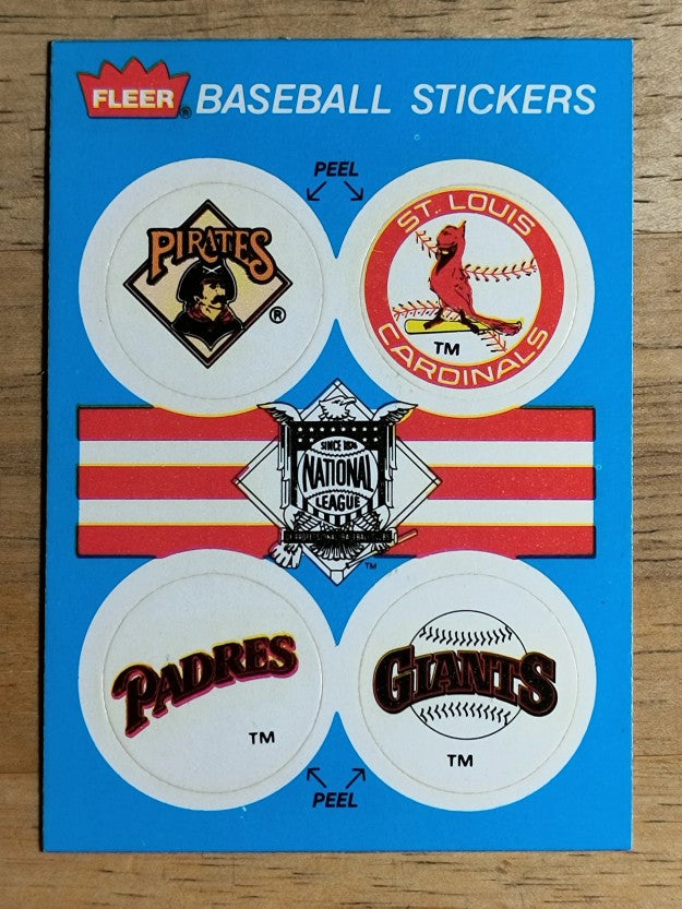 1989 Fleer Team Stickers Pirates/Cardinals/Padres/Giants/History back variation
