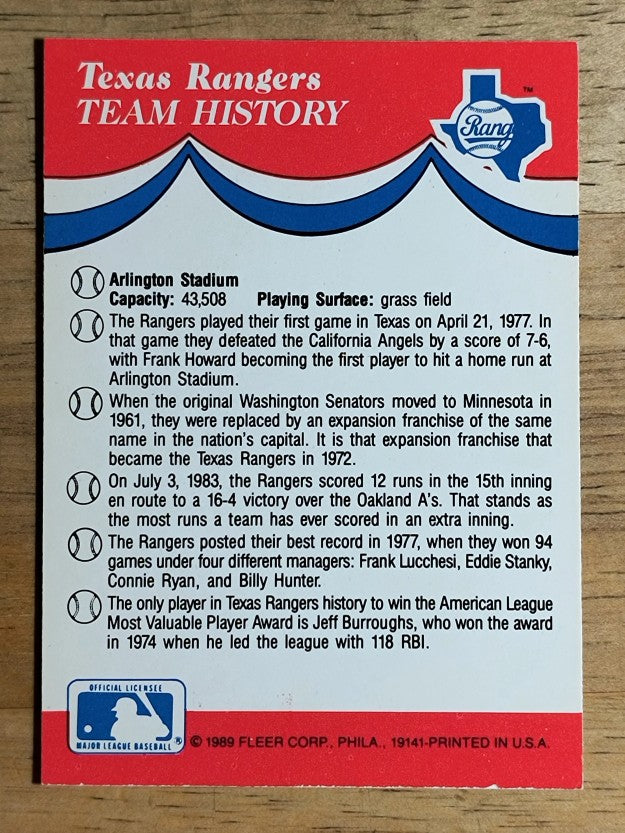 1989 Fleer Team Stickers #41 Texas Rangers/Logo