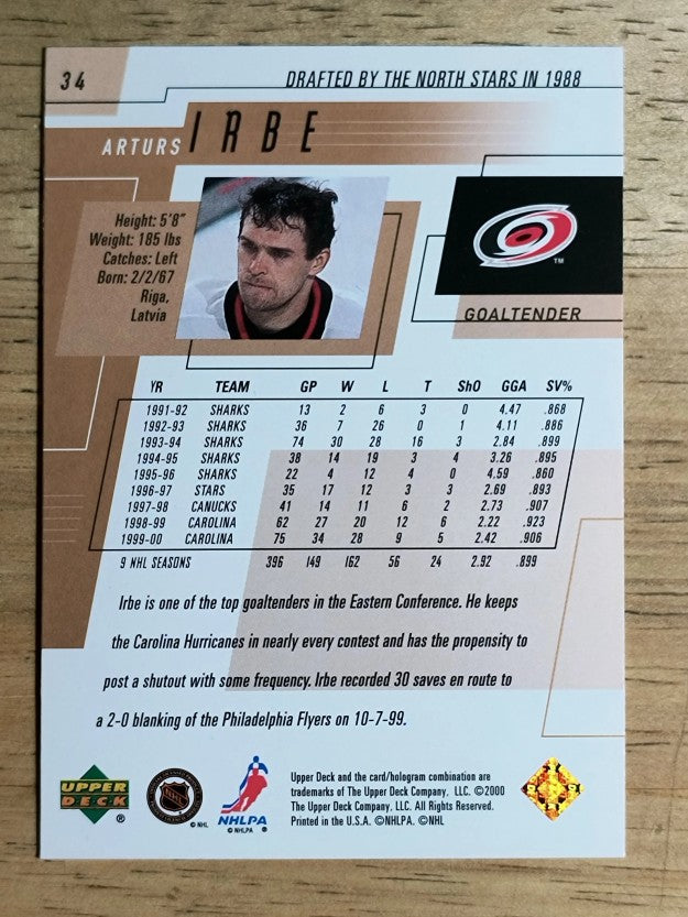 2000-01 Upper Deck #34 Arturs Irbe