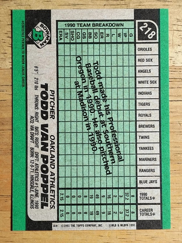 1991 Bowman #218 Todd Van Poppel RC