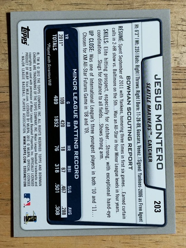 2012 Bowman Chrome #203 Jesus Montero RC
