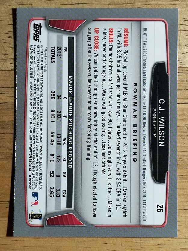 2013 Bowman Chrome #26 C.J. Wilson