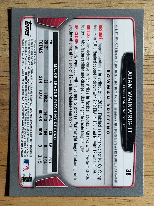 2013 Bowman Chrome #38 Adam Wainwright