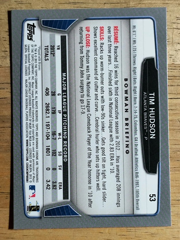 2013 Bowman Chrome #53 Tim Hudson