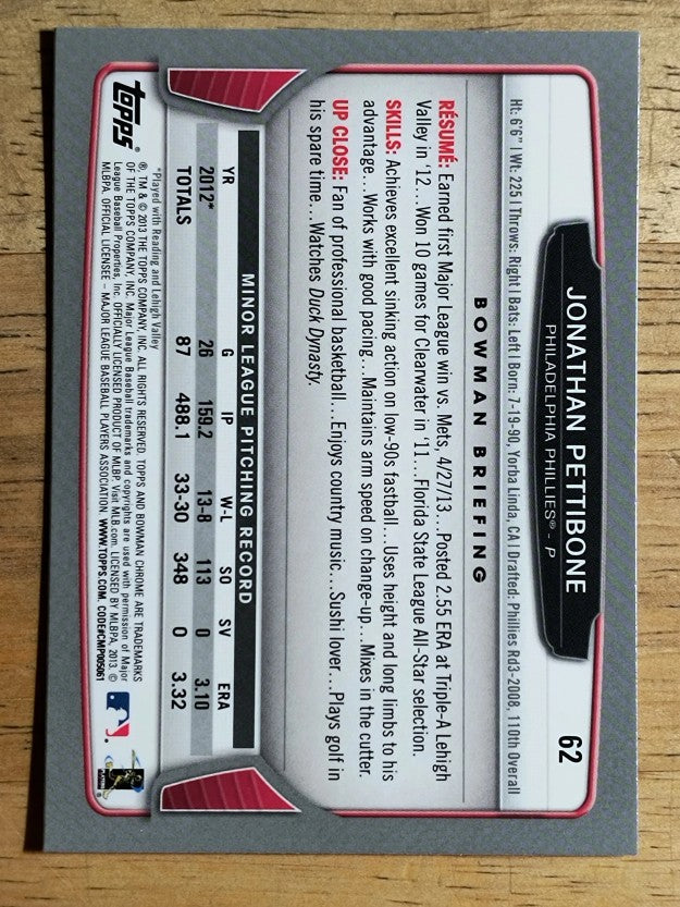 2013 Bowman Chrome #62 Jonathan Pettibone RC