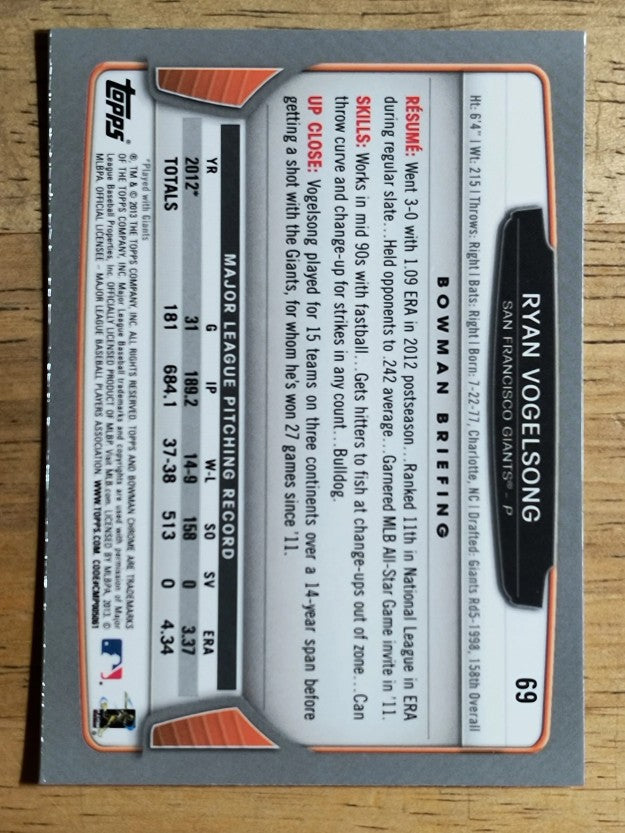 2013 Bowman Chrome #69 Ryan Vogelsong