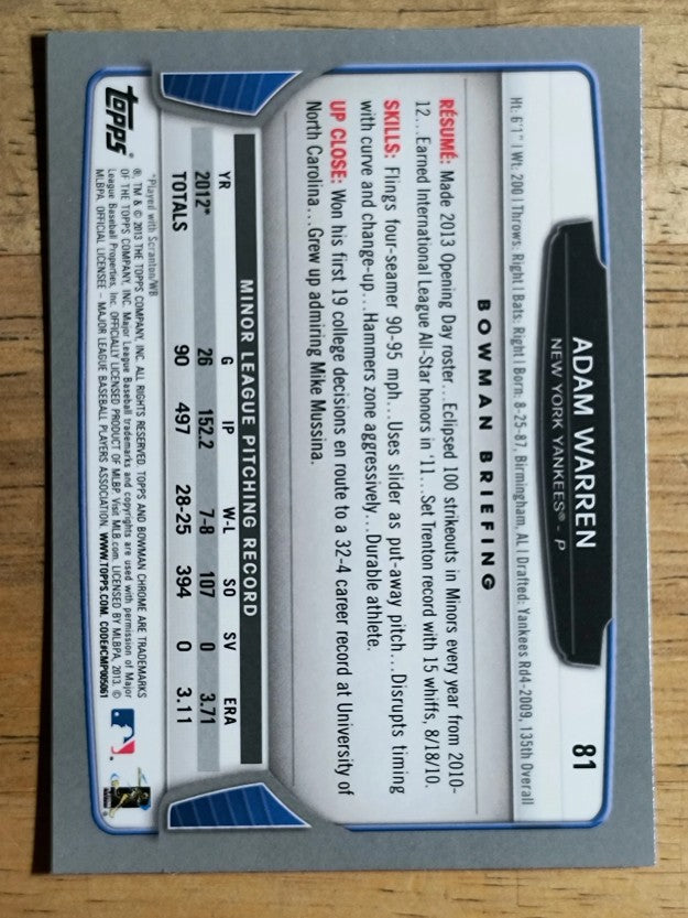 2013 Bowman Chrome #81 Adam Warren RC