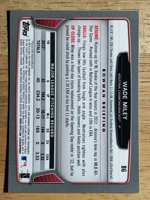 2013 Bowman Chrome #86 Wade Miley