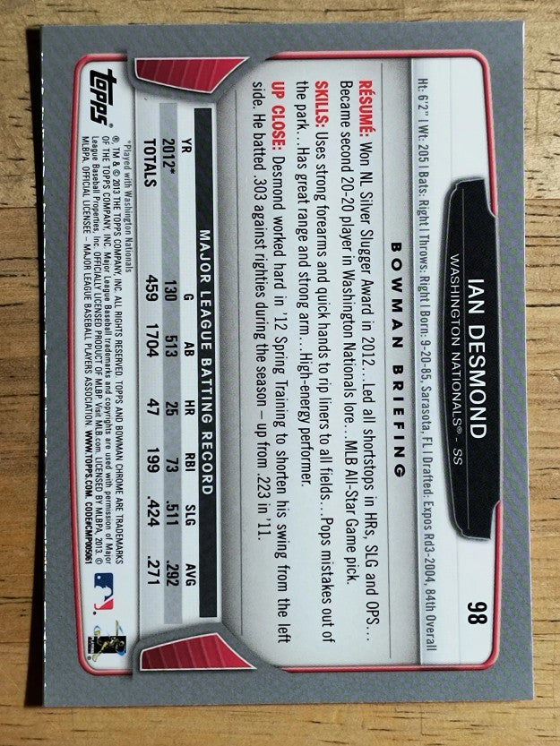 2013 Bowman Chrome #98 Ian Desmond