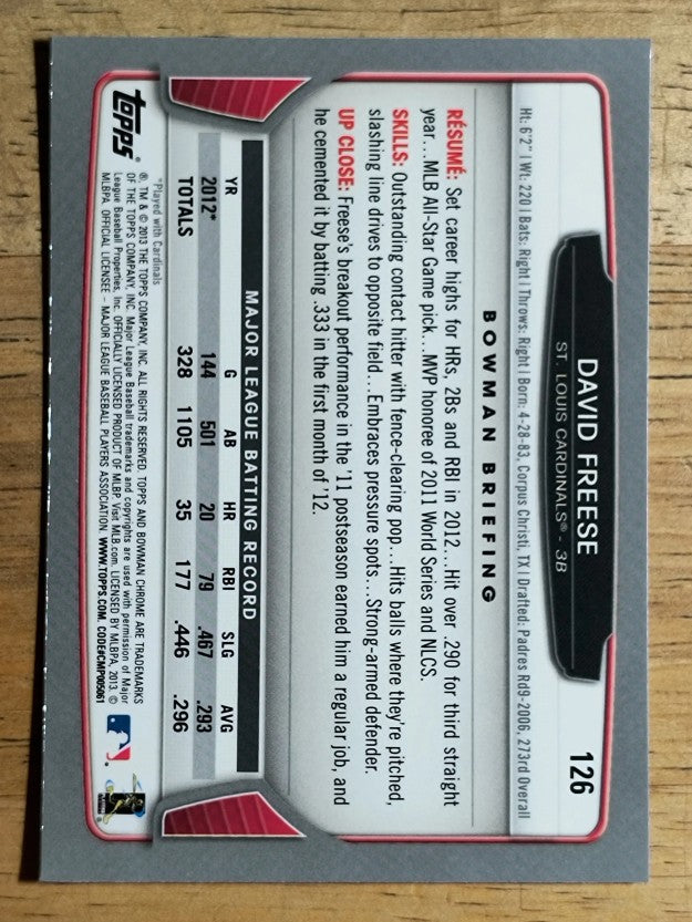 2013 Bowman Chrome #126 David Freese