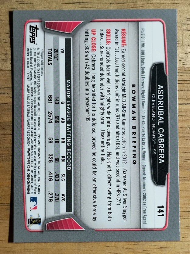2013 Bowman Chrome #141 Asdrubal Cabrera