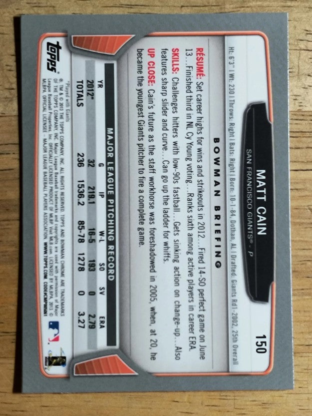 2013 Bowman Chrome #150 Matt Cain