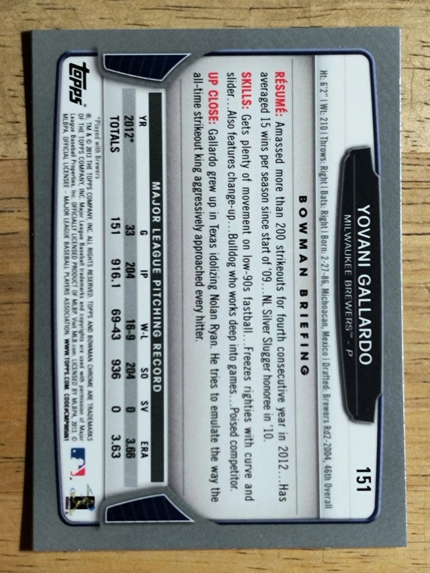 2013 Bowman Chrome #151 Yovani Gallardo