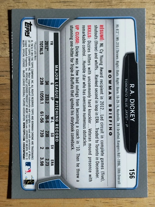 2013 Bowman Chrome #156 R.A. Dickey