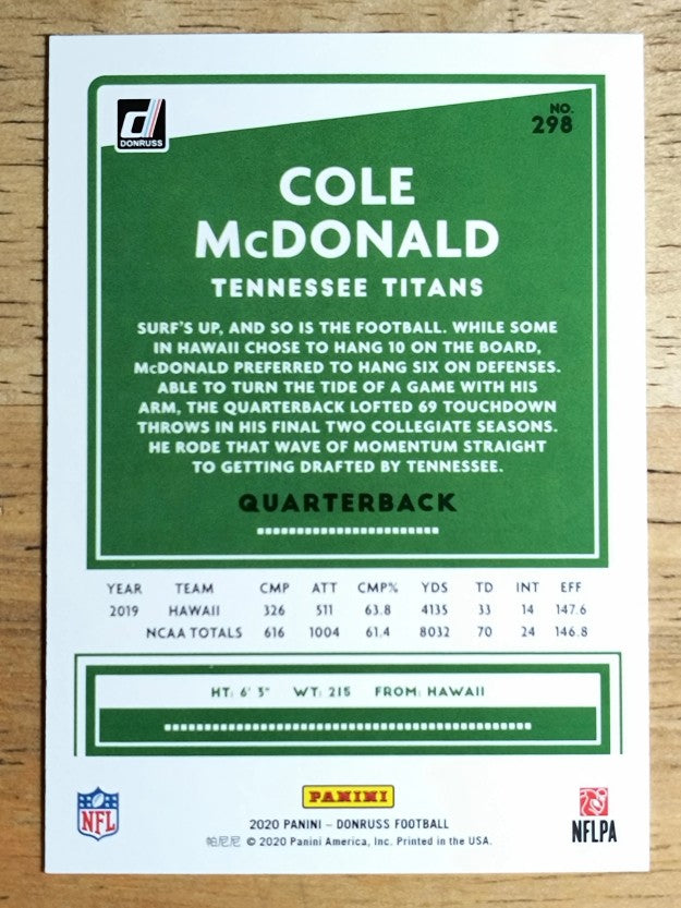 2020 Donruss #298 Cole McDonald RC