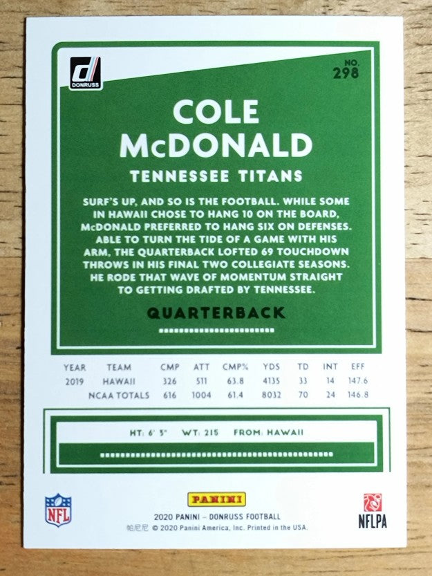 2020 Donruss #298 Cole McDonald RC