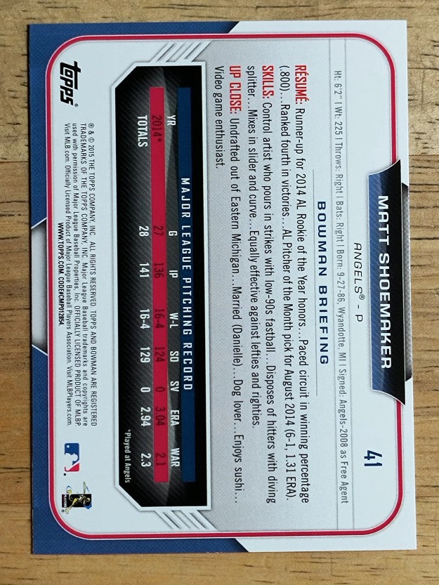 2015 Bowman #41 Matt Shoemaker