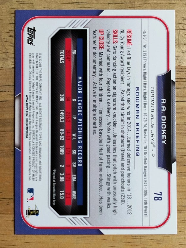 2015 Bowman #78 R.A. Dickey