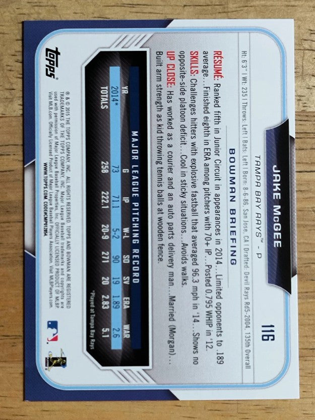 2015 Bowman #116 Jake McGee