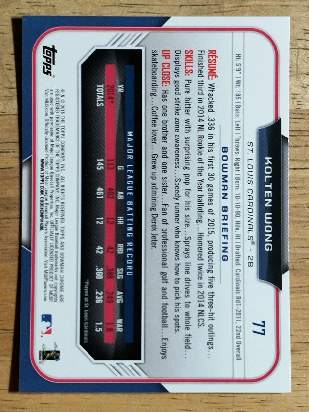 2015 Bowman Chrome #77 Kolten Wong