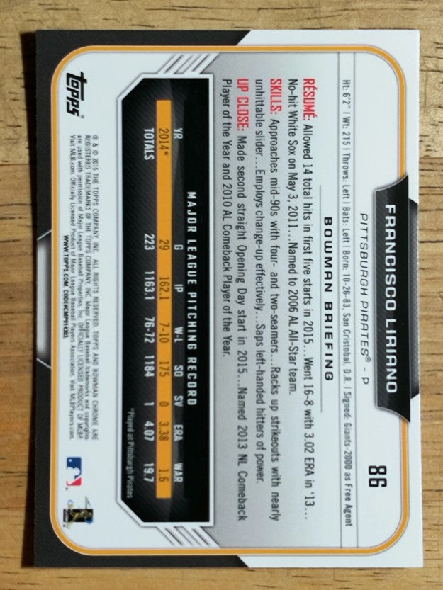 2015 Bowman Chrome #86 Francisco Liriano