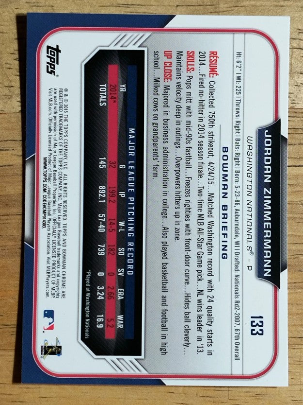 2015 Bowman Chrome #133 Jordan Zimmermann
