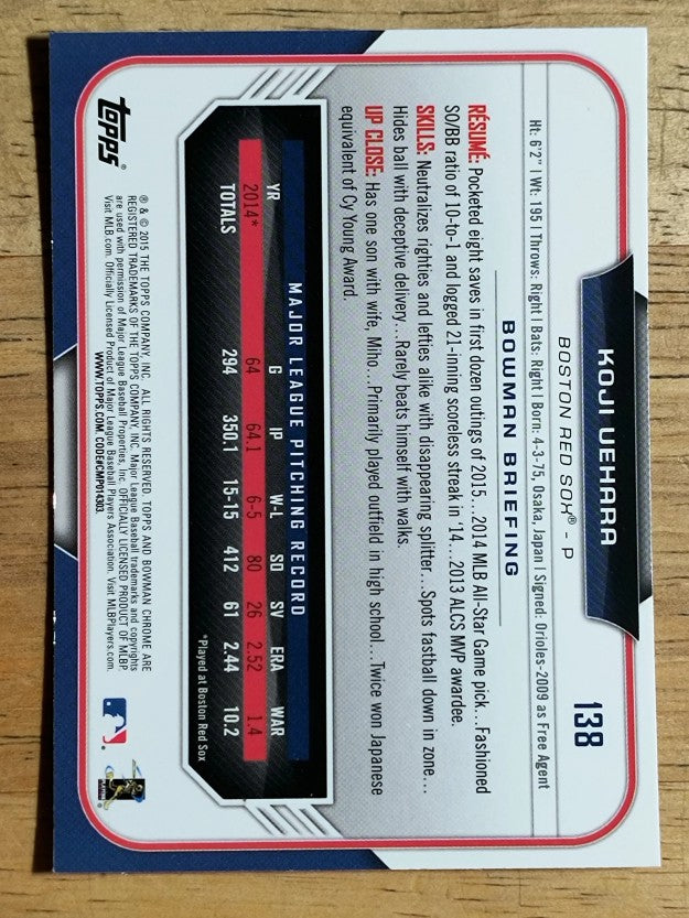 2015 Bowman Chrome #138 Koji Uehara