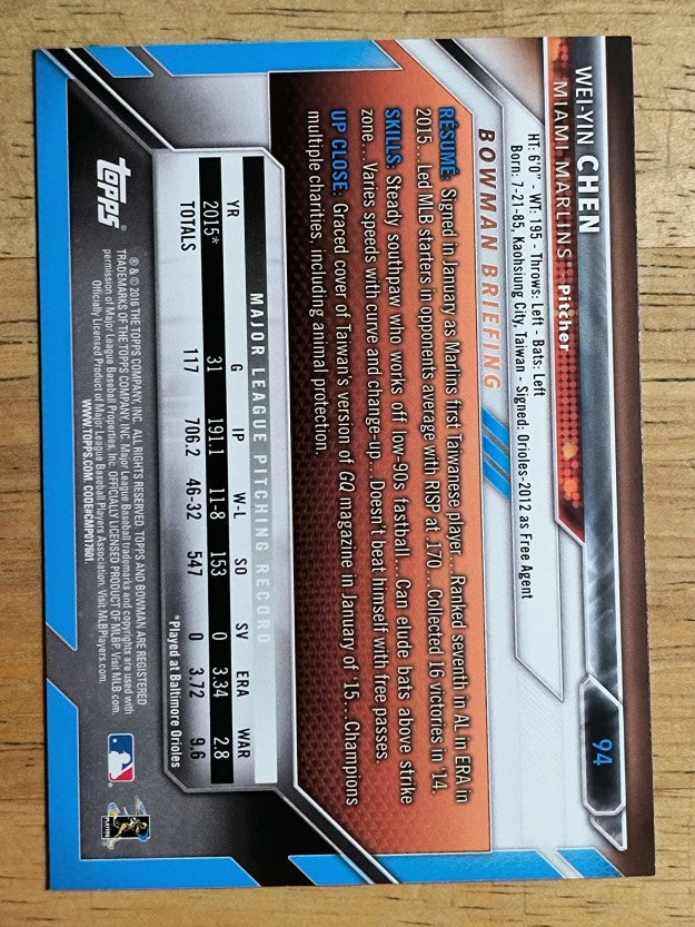 2016 Bowman #94 Wei-Yin Chen