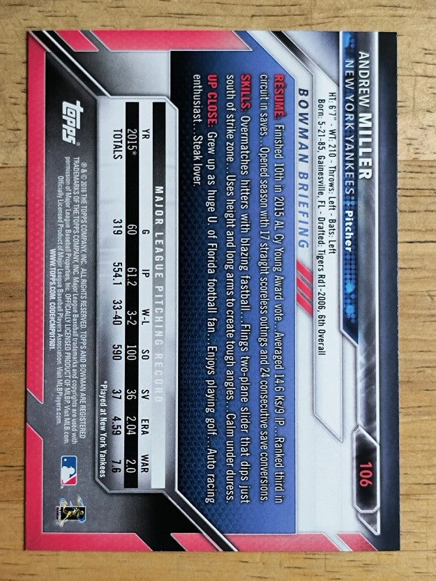 2016 Bowman #106 Andrew Miller