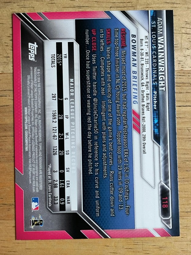 2016 Bowman #118 Adam Wainwright