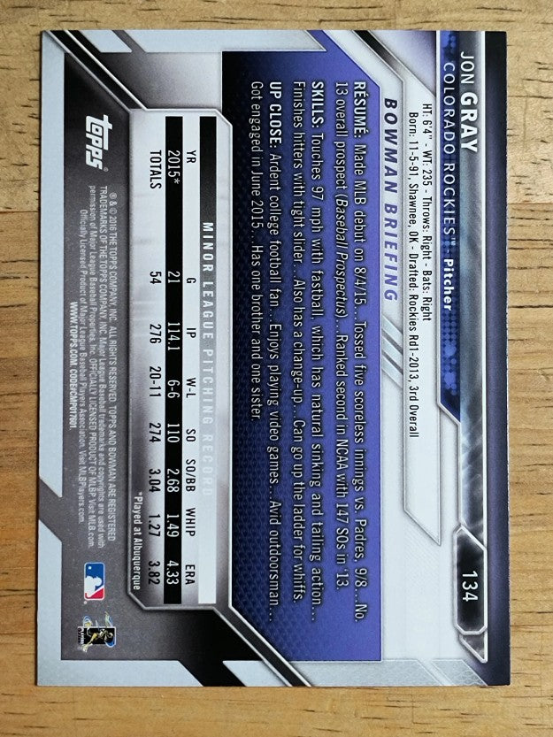 2016 Bowman #134 Jon Gray RC