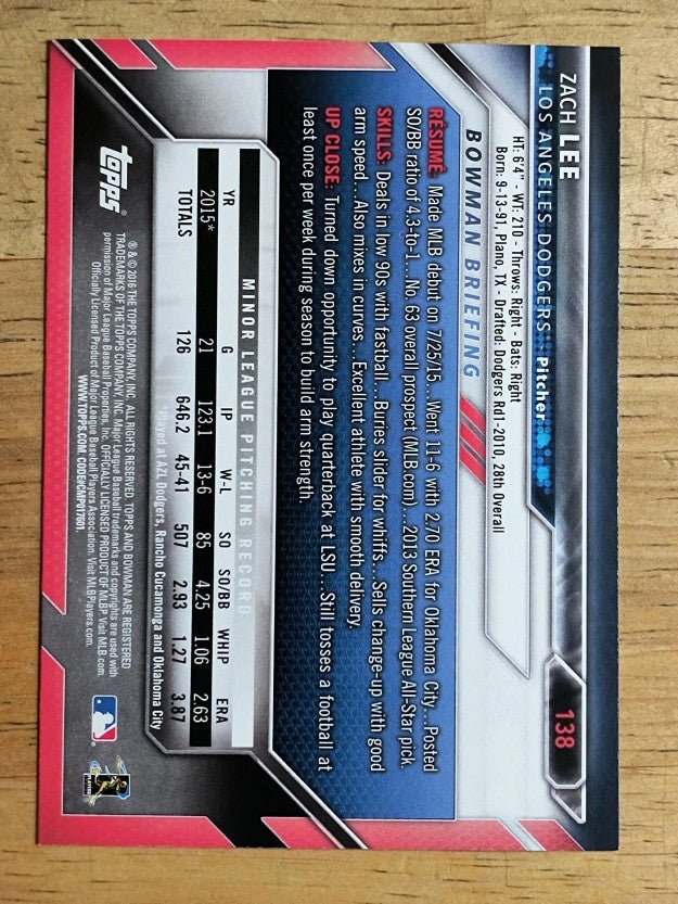2016 Bowman #138 Zach Lee RC