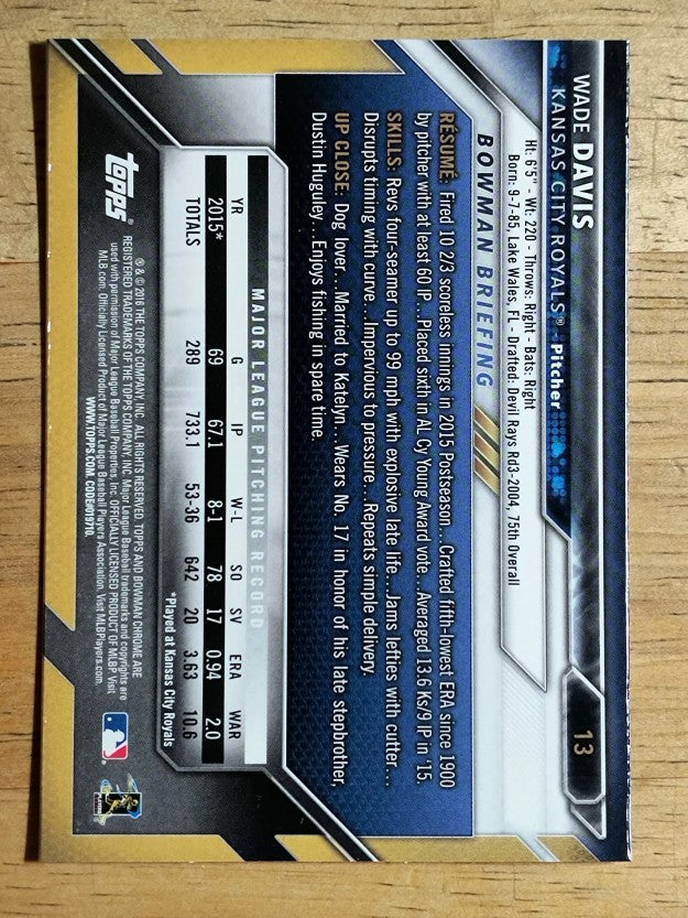 2016 Bowman Chrome #13 Wade Davis