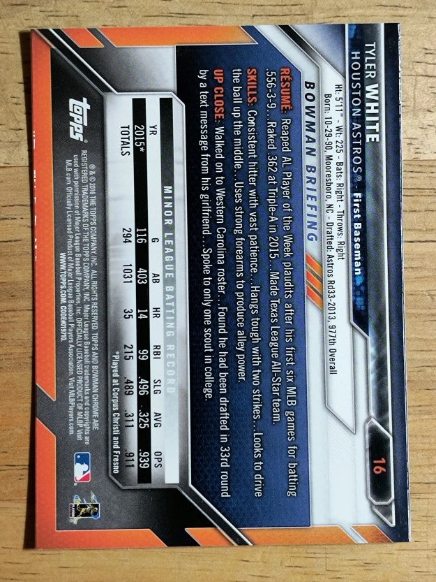 2016 Bowman Chrome #16 Tyler White RC
