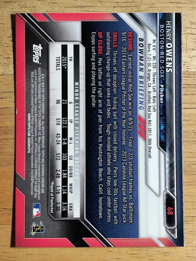 2016 Bowman Chrome #68 Henry Owens RC