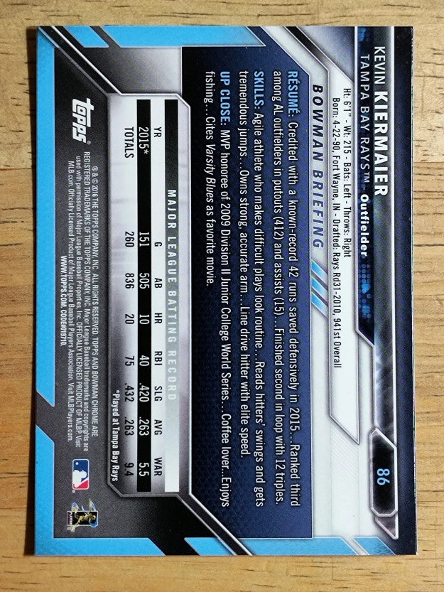 2016 Bowman Chrome Vending '16 Bowman #86 Kevin Kiermaier