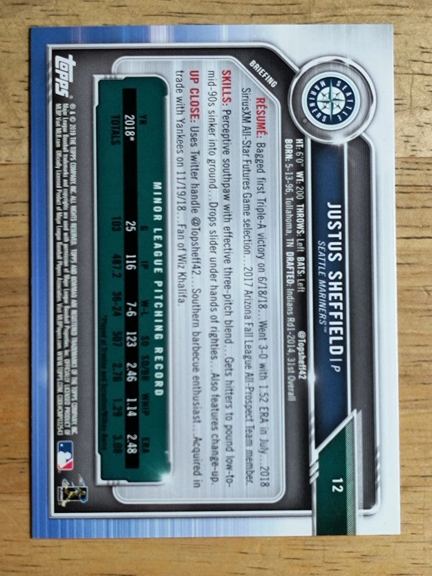 2019 Bowman #12 Justus Sheffield RC