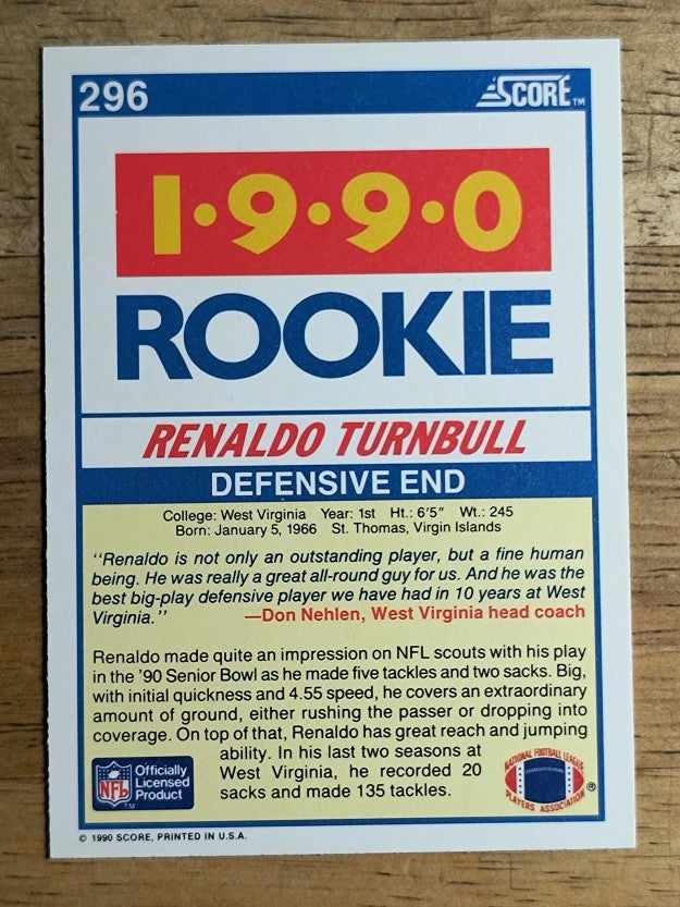 1990 Score #296 Renaldo Turnbull RC