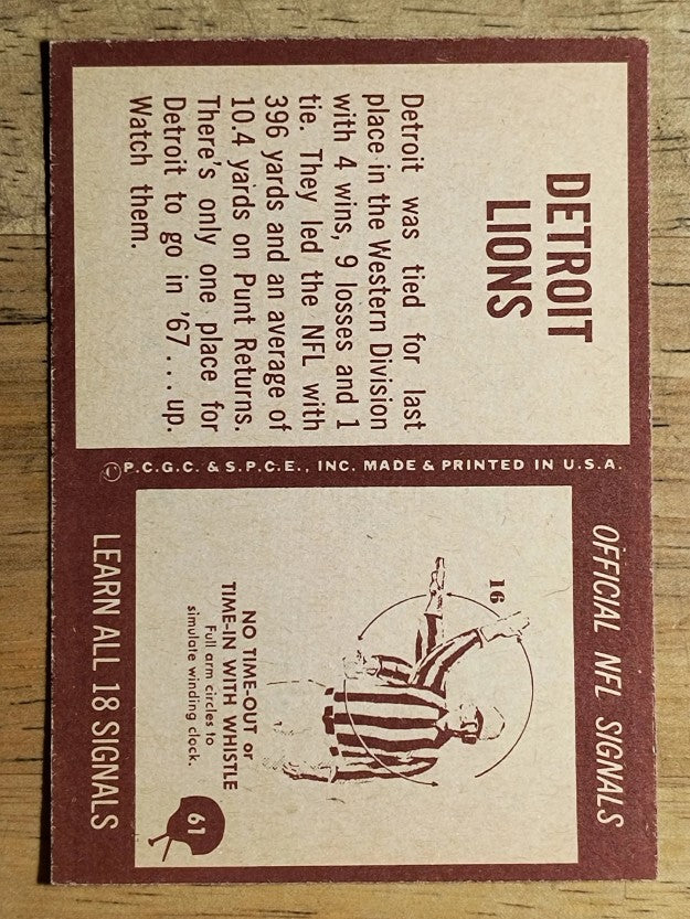 1967 Philadelphia #61 Detroit Lions (NM)