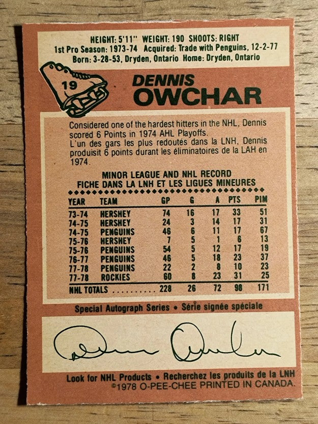1978-79 O-Pee-Chee #19 Dennis Owchar (EXMT)